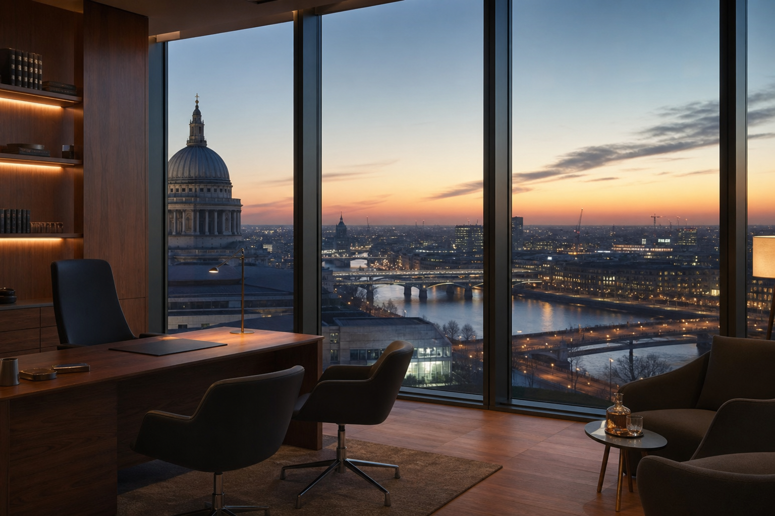 Finance office overlooking the city at dusk